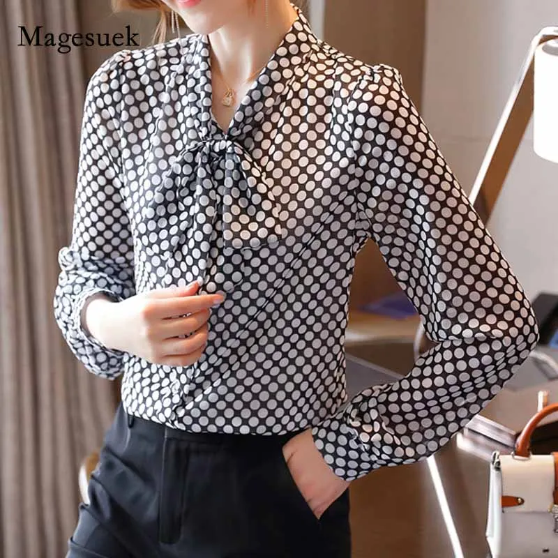 

2020 Autumn Women Slim Polka Dot Cardigan Shirt Bow Tie Chiffon Blouse Long Sleeve Bottoming Elegant Shirt Blusas Mujer 10878
