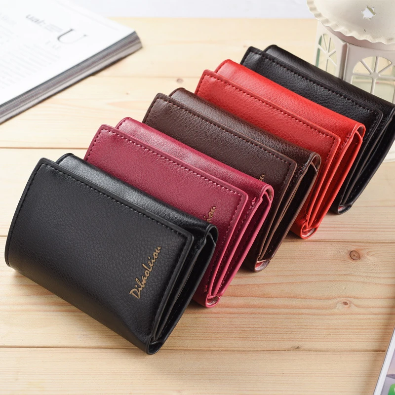 

Women Short Solid Color Hasp Wallets Female Mini Three Fold Coin Purses Ladies Simplicity Pu Leather Letter Clutch Money Clip