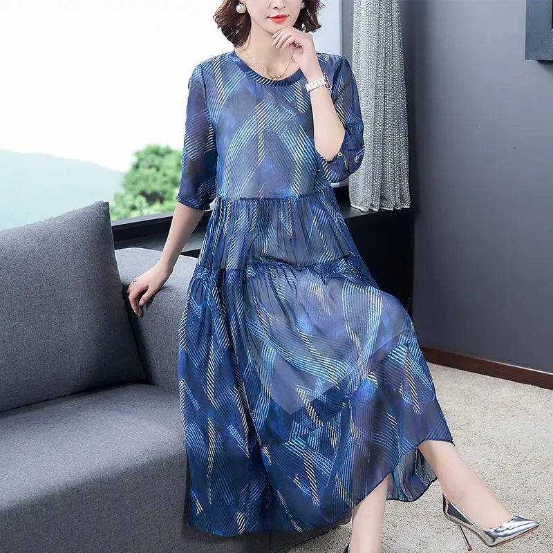 

4xl plus size Long summer dress elegant vintage blue casual large size dress striped printed evening party big size women dress