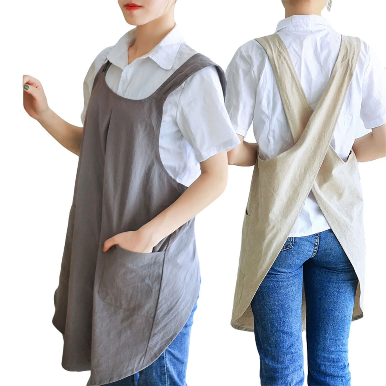 

Cotton Linens Apron for Kitchen Retro Solid Color Strap Pinafore with Pocket Baking Accessories Household Master Coffee Bar