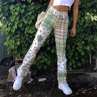 sunny y j streetwear patchwork jeans women cargo green pants mom jeans baggy graphic checkerboard 90s jean mom denim trousers