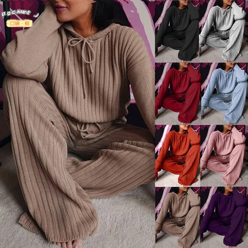 

[Pocket J] Autumn and Winter Women's Long-sleeved Blouse and Long Pants Two-piece Home Gym Sports Warm Loose Hooded Casual Suit