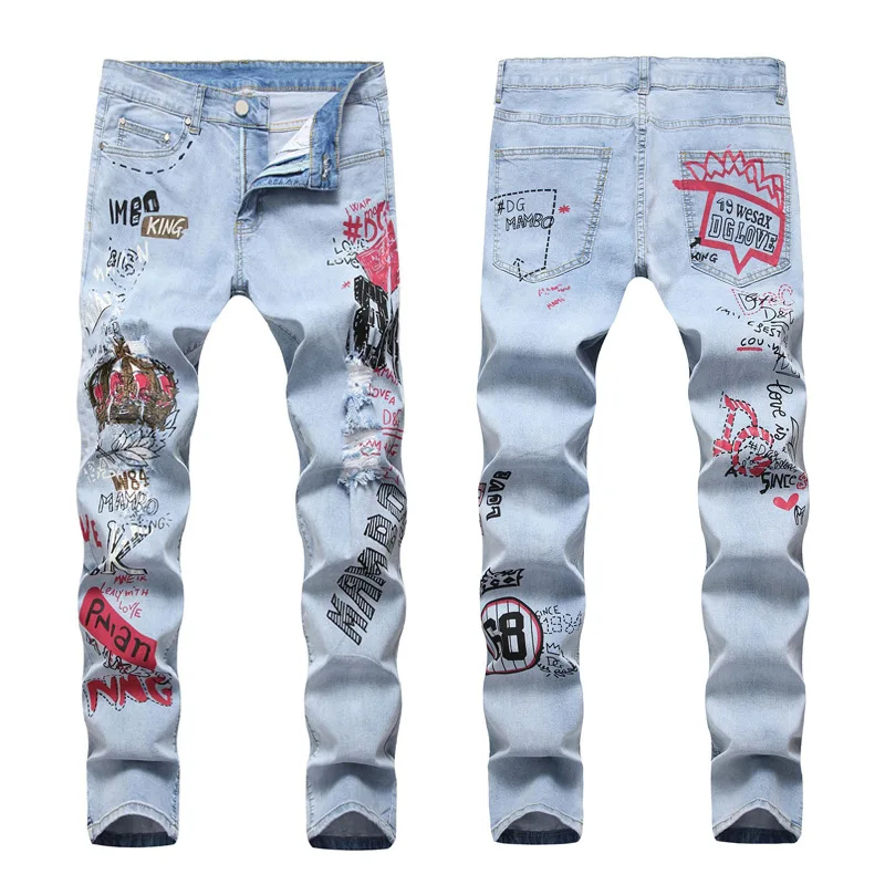 

Hip-hop Ripped Jeans Men High Street Light Color Fashion Hole 3d Printing Embroidery Straight Slim Stretch Jeans Cotton Denim