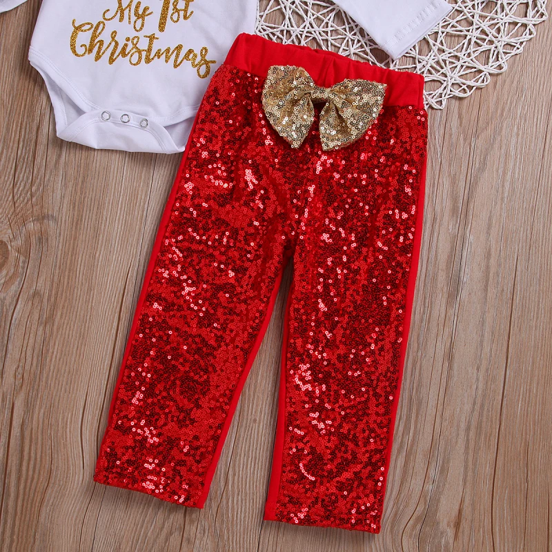 

Cute Newborn Baby Girl 0-24M My 1st ChristmasRomper Sequin Pants 3Pcs Outfits Clothes