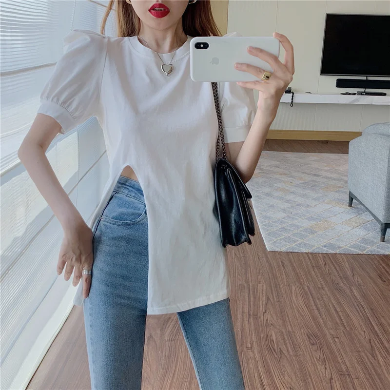 

Japan and South Korea Casual Summer Women's Clothing Short Sleeve Temperament O-neck Puff Sleeve Tees Loose Tops 2021 The New