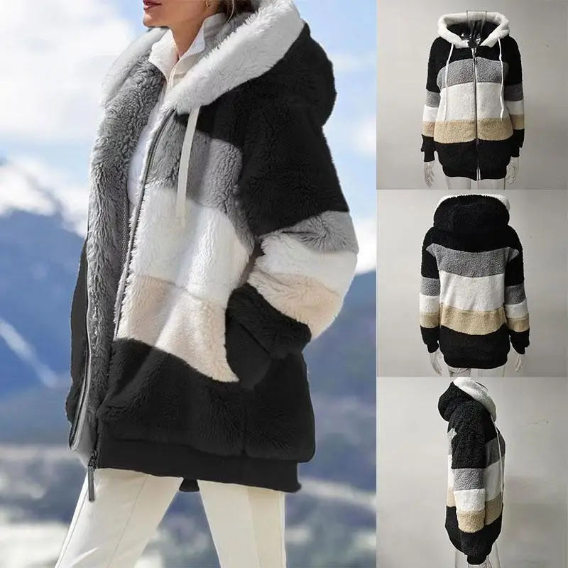 5XL Plus size Women's Winter Coat 2021 New Stitching Plaid Zipper Fur Coat Oversized Winter coat for Women Hooded Fur Coat