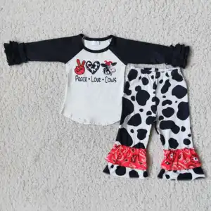 Fall Winter Kids Clothing Peace Love Cow Black Long-sleeved Top And Cow Print Trousers Suit Children's Clothes