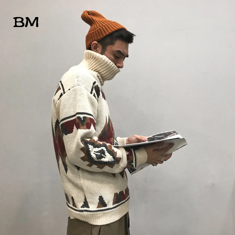 Высокое качество геометрический жаккардовый свитер с высоким воротом Мужская