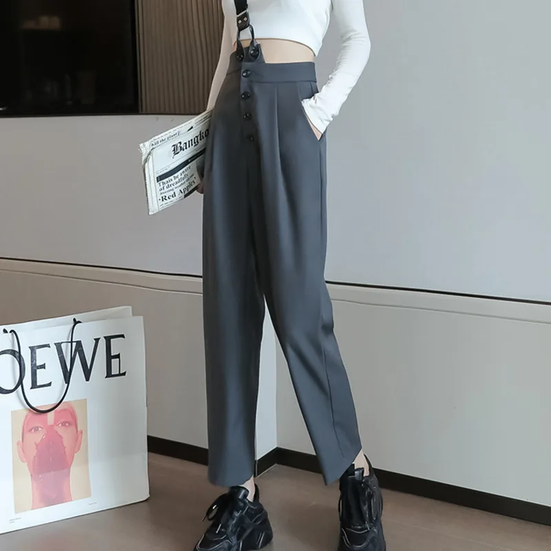 

#2156 Spring Summer Black Grey High Waisted Straight Pants Buttons Overalls Pencil Harem Pants Women Loose Ankle-length Trousers