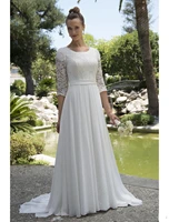 vintage lace chiffon modest beach wedding dresses with half sleeves scoop neck reception bridal gowns