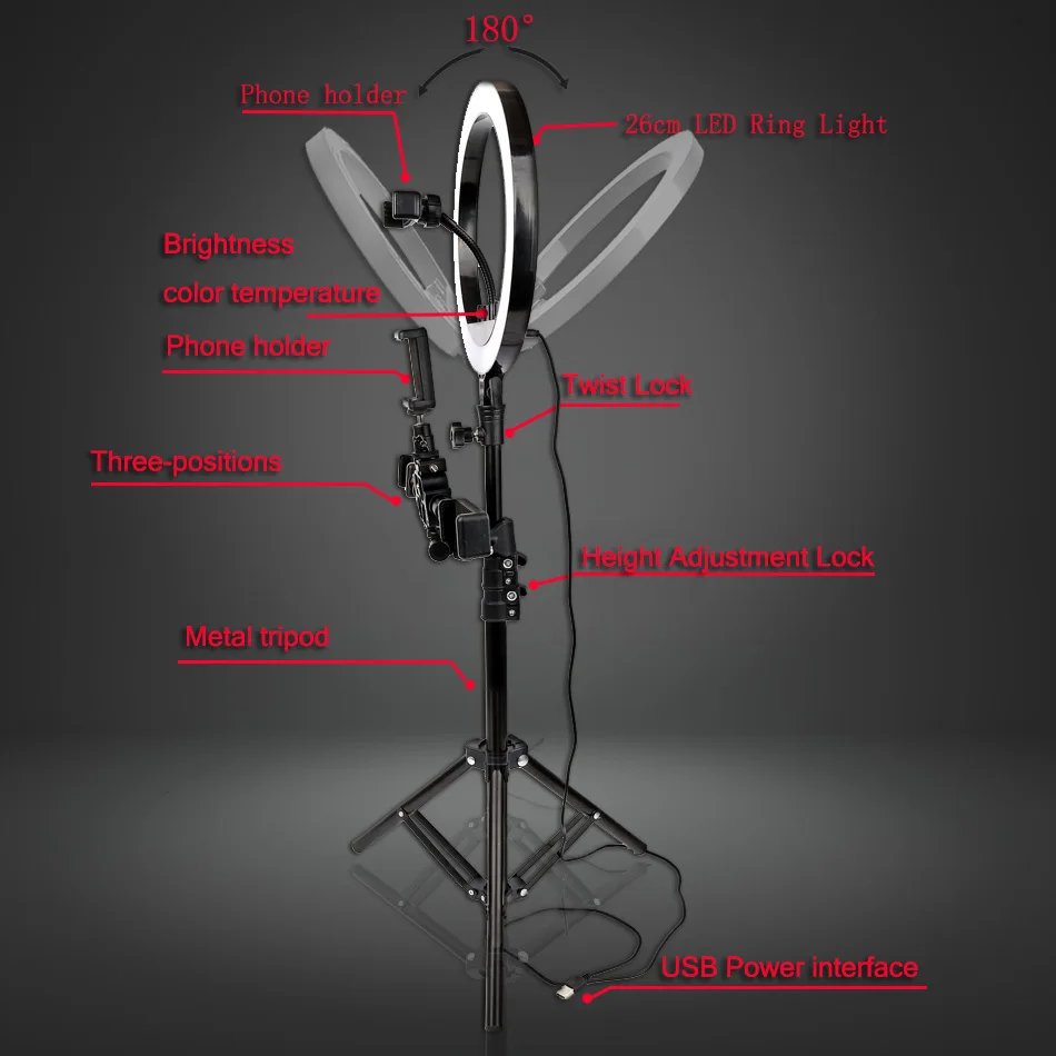 Приглушаемый кольцевой светильник 10 дюймов для видеозаписи на YouTube селфи