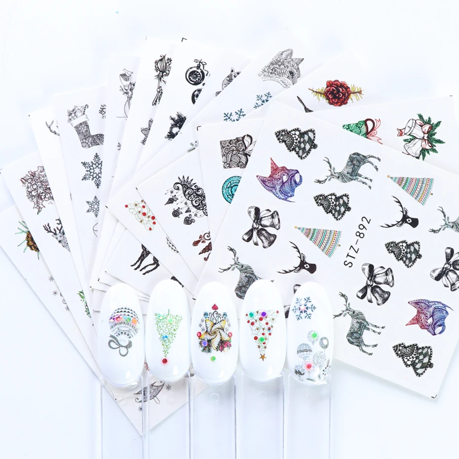 12 шт./компл./комплект наклейки для ногтей в виде оленей и снежинок Зимний