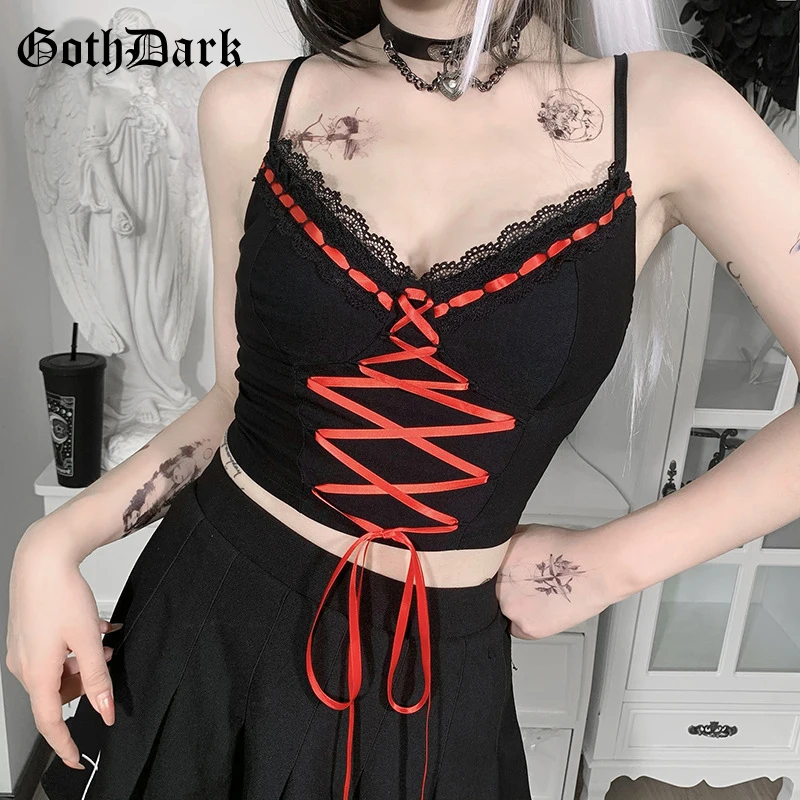 

Goth Dark Emo Mall Gothic Bandage Women Camis Grunge Punk Harajuku Black Bodycon Crop Tops Sexy Backless Alt Clothes Streetwear