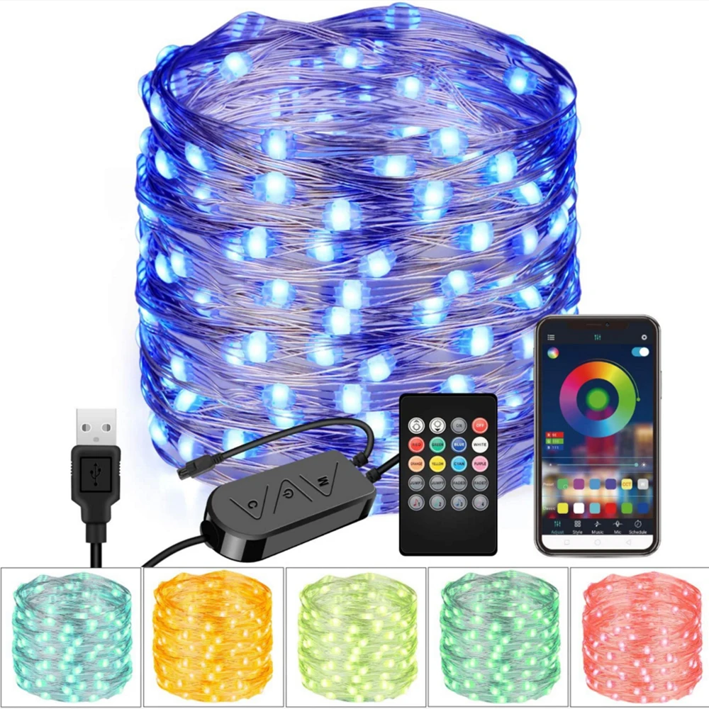 

Fairy RGB LED String Light Remote Bluetooth APP Smart Control Christmas Copper Wire Garland Lamp Bedroom Xmas Wedding Decoration