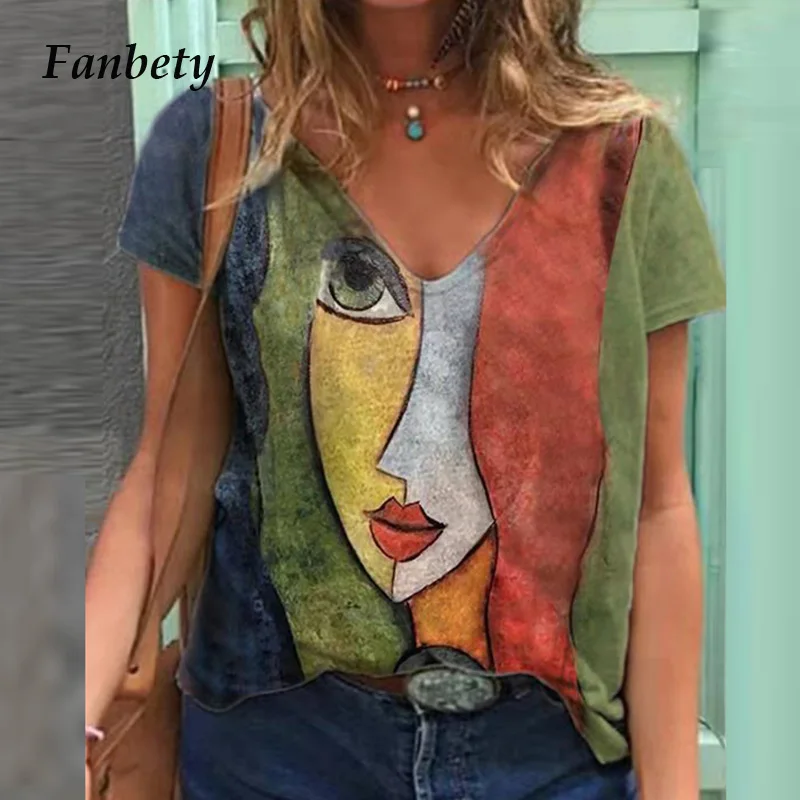 

Women Vintage Abstract Print Loose Tops 2021 Summer Fashion Elegant V-Neck Blouse Shirts Female Casual Short Sleeve Blusas 3XL