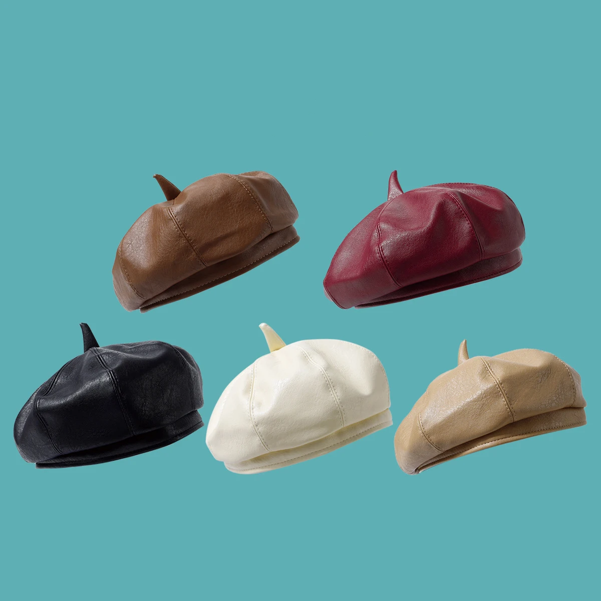 

Autumn Multicolor Korean Version Of Beret PU Leather Octagonal Hat Dome Fashion Warm Basin Hat Woman Cute All-match Hats