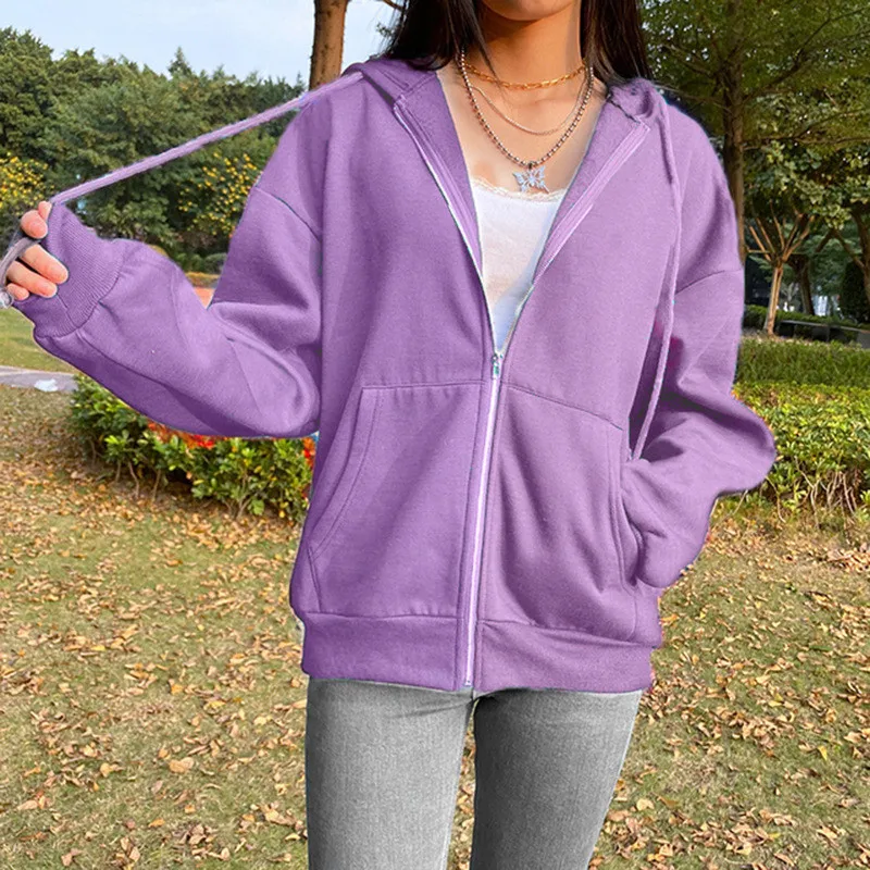 

Women's Loose Zip Up Hoodies Sweatshirts Long Sleeve Solid Color Plush Lined Hooded Pullovers Fall Spring Coat Outerwear 2021