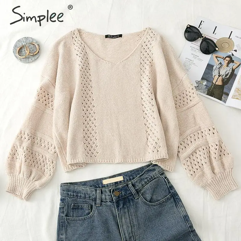 Simplee Hollow out pullover sweater women autumn winter o-neck female Casual soft lantern sleeve ladies jumper | Женская одежда