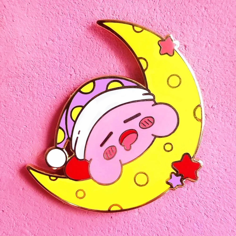 

Kawaii Wearing A Nightcap Love To Sleep Kirbys Enamel Pin Pastel Cartoons Moon Kirbys Medal Brooch Jewelry Children's Day Gift