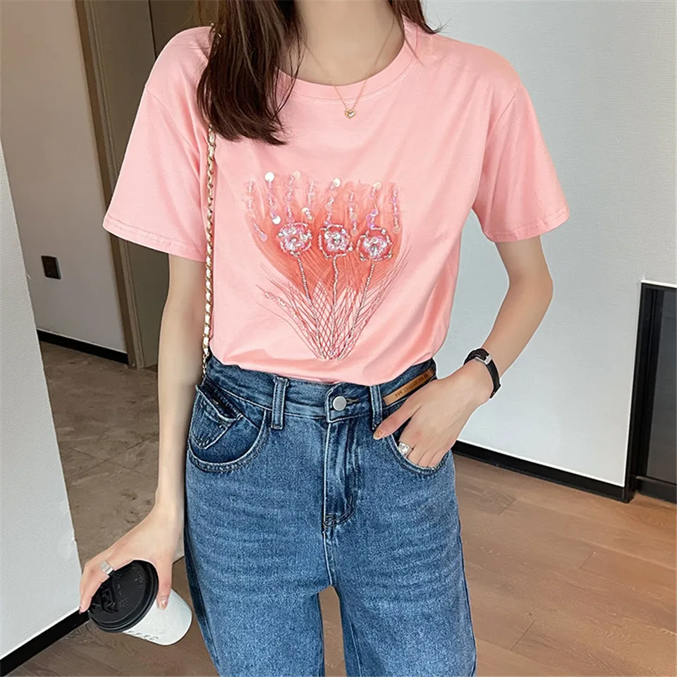 

Harajuku Heavy Craft Sequined T-shirt Women Candy Colors T Shirt Summer Fashion Tshirt Korean Top Tee Female Camisas Mujer