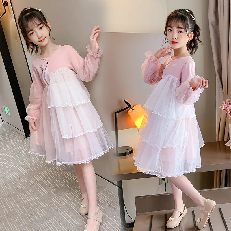 

Girls Dresses Long-Sleeve Mesh Princess Dress Children Girls Clothing Swan Pattern Dresses Pink Sweet Dress 4-14 Years Costume