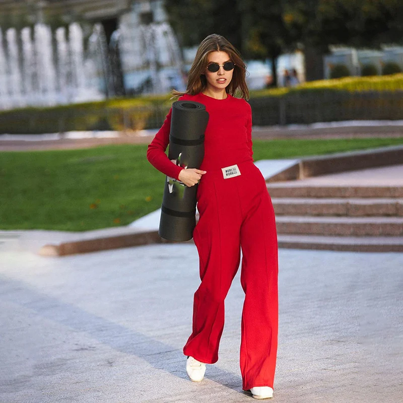 

Осенний однотонный вязаный комплект из двух предметов, женский костюм, модный простой Повседневный теплый Топ с длинным рукавом и свободны...