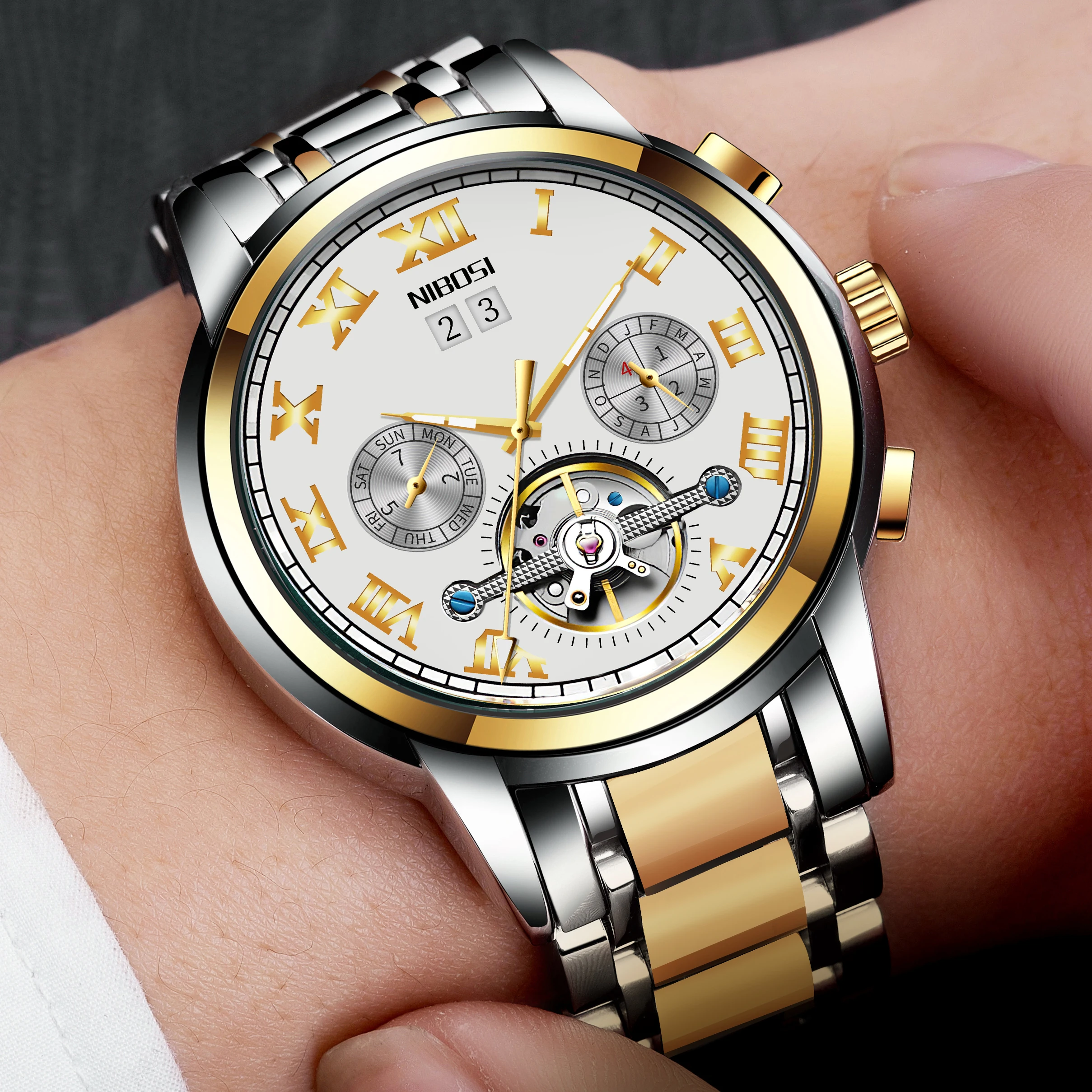 Мужские светящиеся часы NIBOSI 2021 механические с автоматическим турбийоном