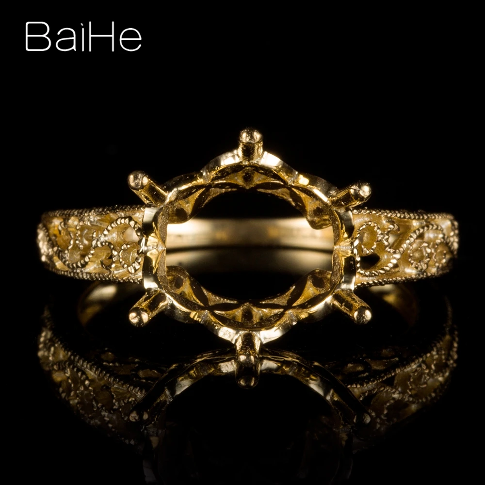 

BAIHE Solid 14K Yellow Gold About 11mm to 12mm Flawless Round No Main Stone Engagement Women Fine Jewelry Gift Semi Mount Ring