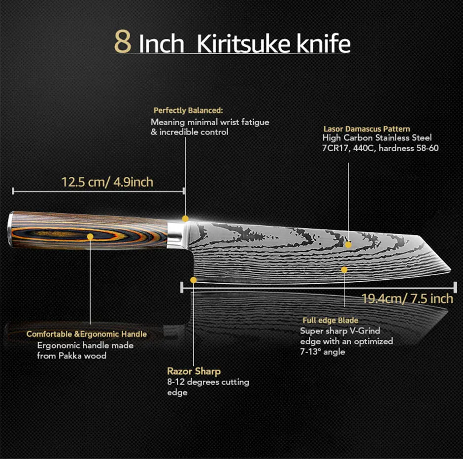 Кухонный нож шеф-повара японские 7CR17 440C высокоуглеродистая Нержавеющая сталь имитация Дамасского шлифовального лазерного ножа
