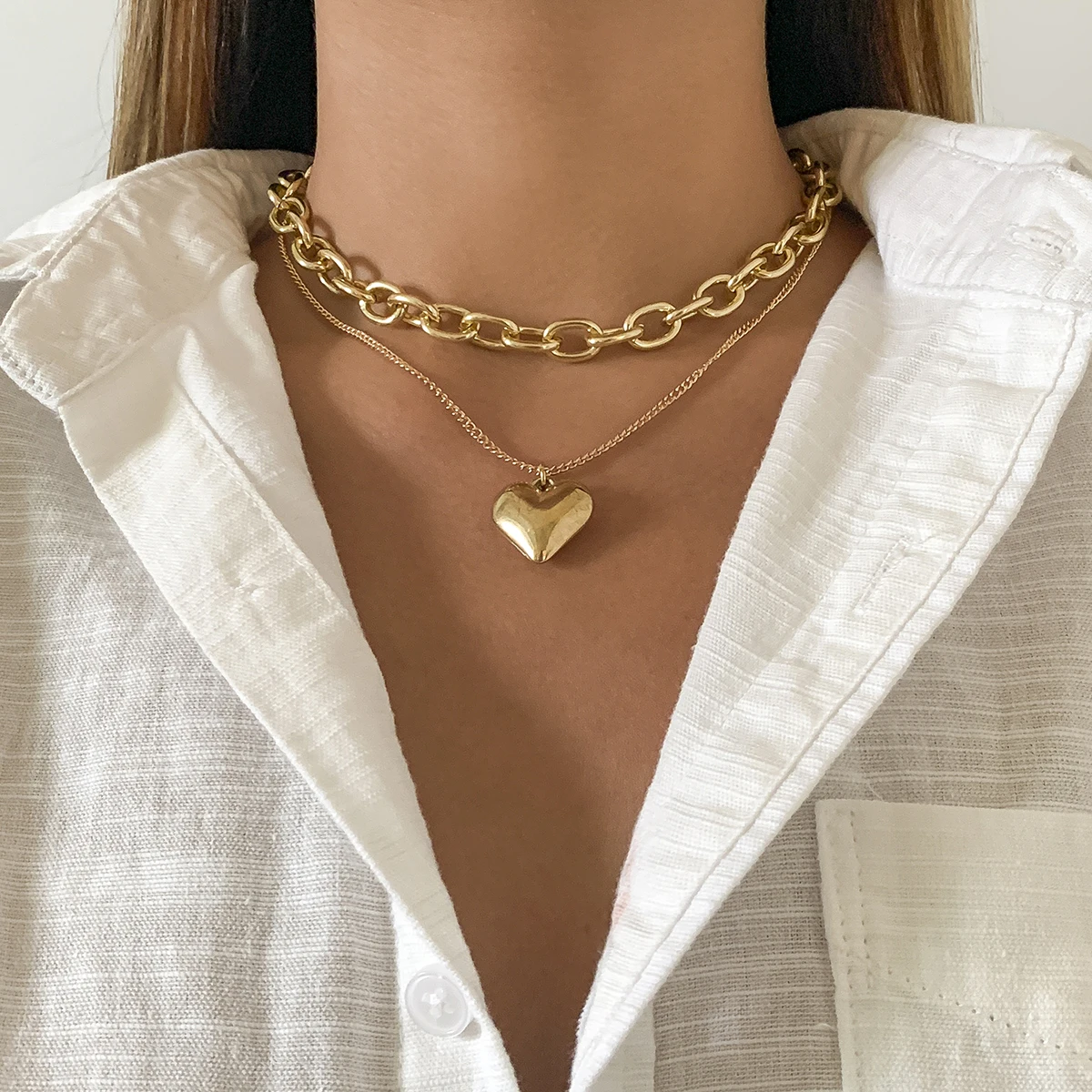 

2pcs/Set Punk Chunky Thick Multi Layer Link Chain Choker Necklace For Women Classic Geometric Heart Pendant Necklaces Jewelry