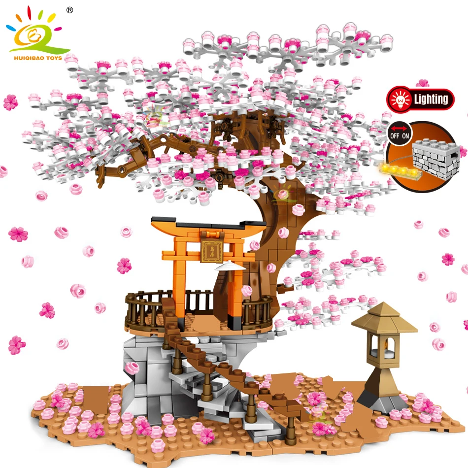 

HUIQIBAO 1167Pcs Cherry Shrine Torii City Architecture Street View Building Blocks Sakura Tree Lighting Bricks Figures Toys Kid