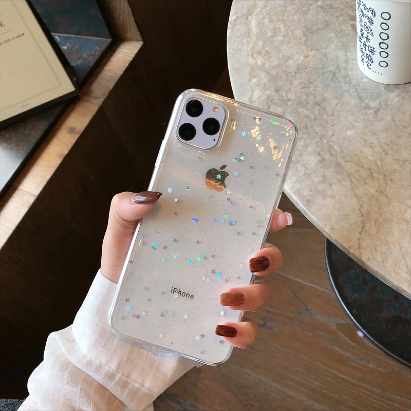 Bling Colorful Star Glitter Soft Tpu Phone Case for Iphone 11 Pro Max X Xr Xs 6s 7 8Plus Shine Powder Transparent Back Cover | Мобильные
