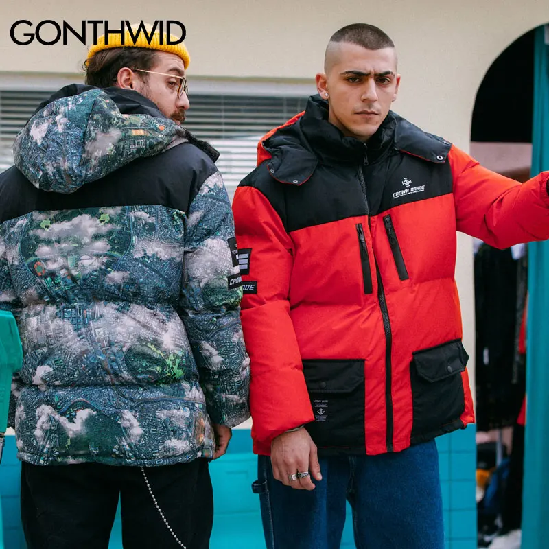 GONTHWID/Цветные лоскутные куртки парки с капюшоном на молнии и карманами Уличная
