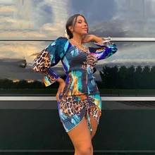 Tie Dye Print Women Puff Sleeve Ruched Mini Dress 2021 Sexy Square Neck Leopard Print Drawstring Lace Up Bodycon Party Dress (1)