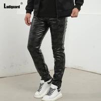 ladiguard plus size men pu leather pants winter fashion camouflage trouser sexy faux leather skinny pant mens streetwear 2021