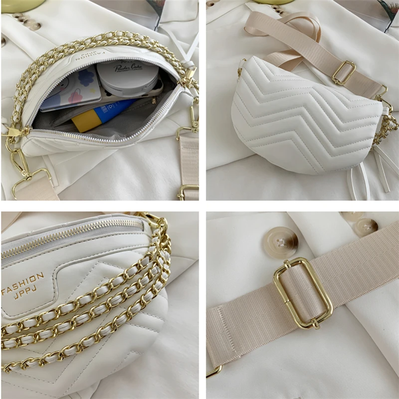 

Summer Trend Beige Quilted Chain-link Chest Bags For Women Fashion Wide Strap Doule Zipper Crossbody Bags High Quality Sling Bag