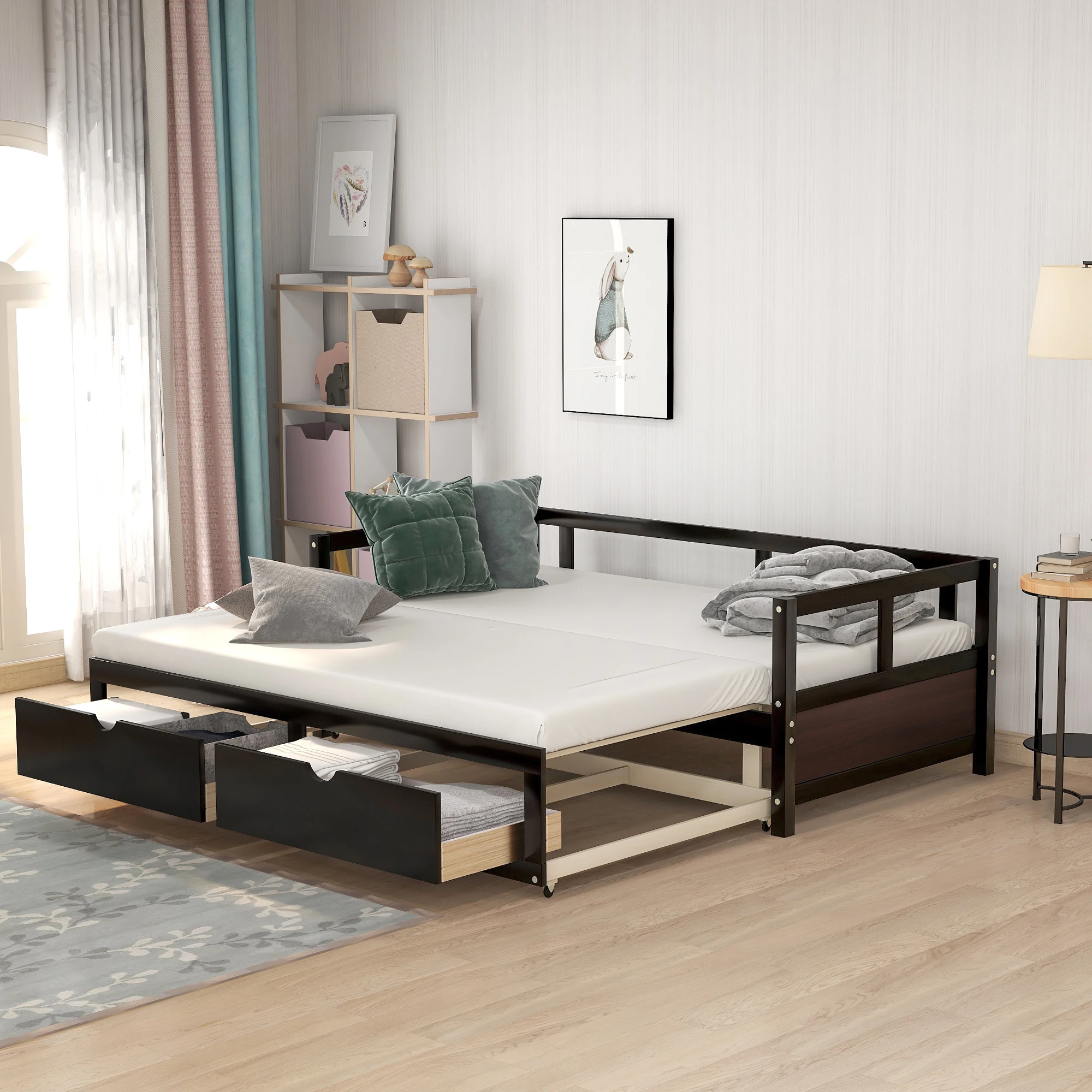 

Wooden Daybed with Trundle Bed and Two Storage Drawers , Extendable Bed Daybed,Sofa Bed for Bedroom Living Room,Espresso