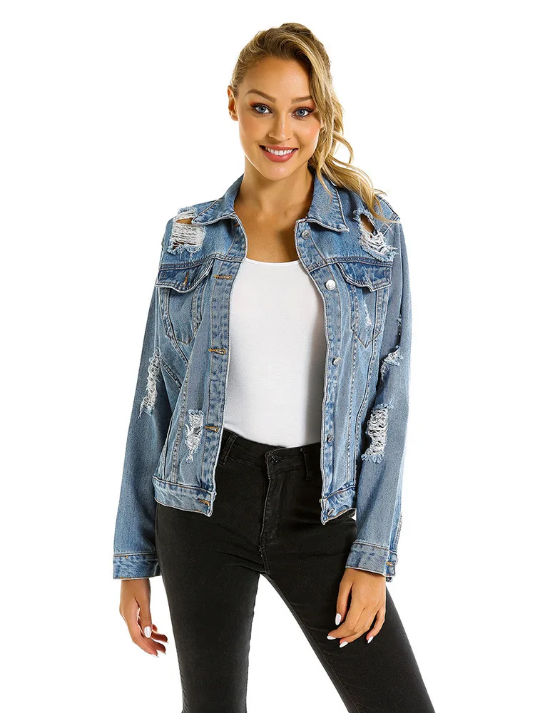 

Jean Jacket Outwear Turn-Down-Collar Women Coats Loose Female Ripped Light Blue Feminine Fashionable plus size jacket