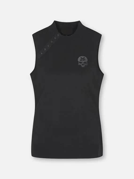 

2021 New Fashion Women Knitted Sleeveless Shirt Slim Fit Golf Sleeveless Shirt High Temperature Ironing Rhinestone