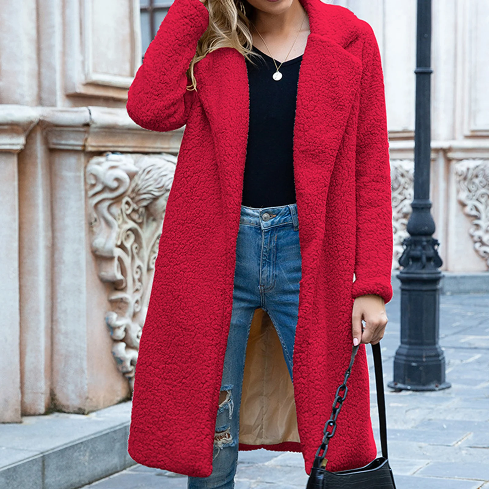 

Autumn Winter Women Faux Fleece Overcoat Long Sleeve Coat Open Front Cardigan