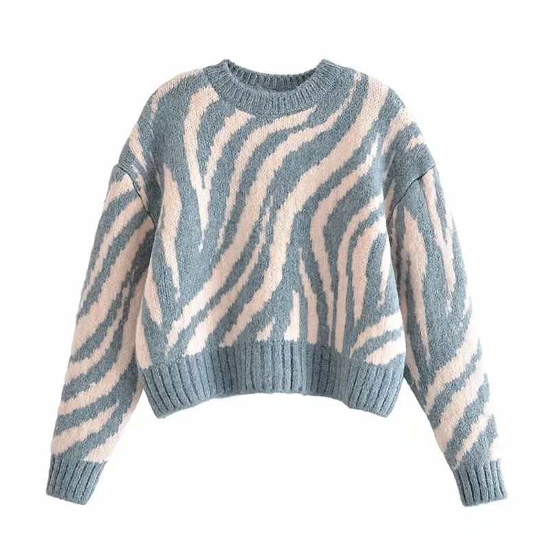 

ZA 2021 autumn new women's clothing fashion all-match casual retro animal pattern jacquard sweater round neck sweater