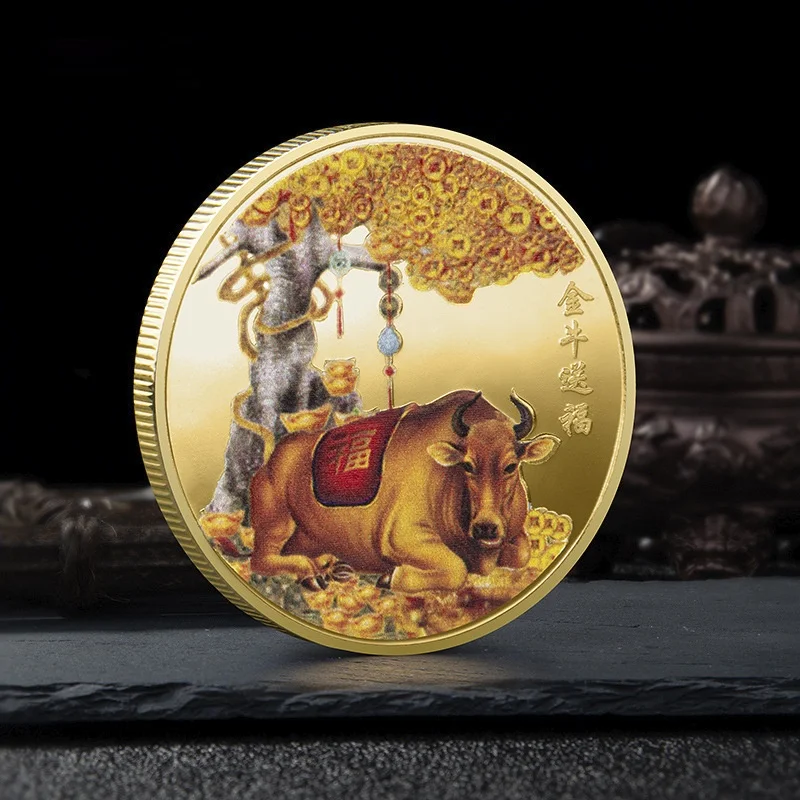 

Gold Silver Plated Badge Taurus Gives Blessings 2021 Year of The Ox Commemorative Coins Cattle Painted Chinese Traditions Zodiac