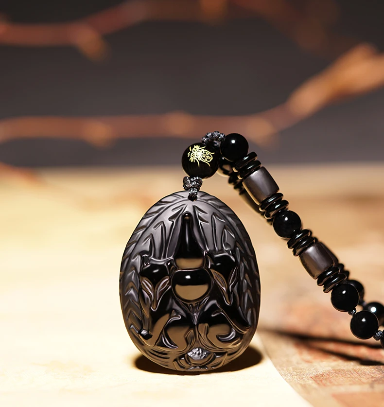 Ожерелье из натурального черного обсидиана с бусинами ручная работа Подвеска