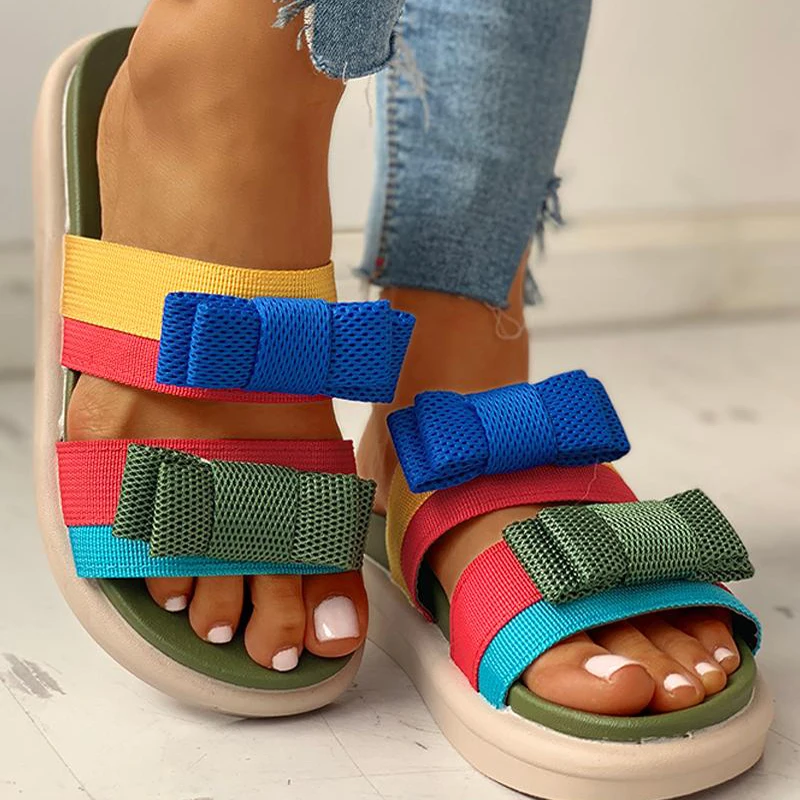 

Женские летние шлепанцы на плоской подошве, сандалии на платформе с бантом, повседневные пляжные шлепанцы, 2020