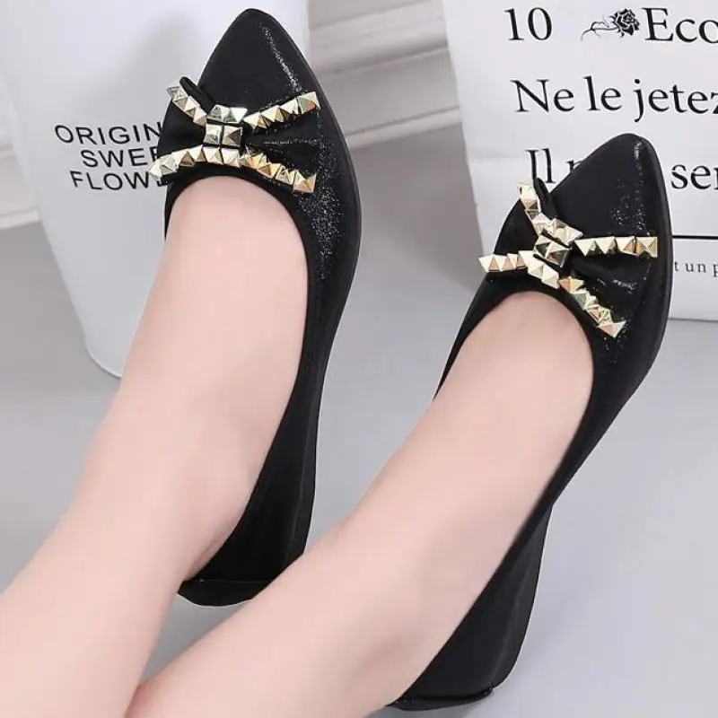Туфли женские с бантом балетки лоферы без застежки заостренный носок