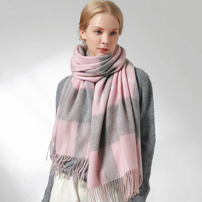 Зимний шарф из 100% шерсти женские плотные теплые шали и палантины клетчатые шарфы