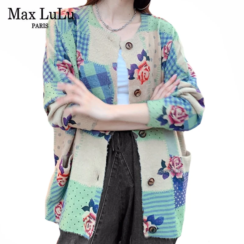 

Max LuLu 2021 Printed Plaid Cardigans Autumn Design Female Elegnat Clothing Casual Sweaters Women O-Neck Loose Vintage Sweater