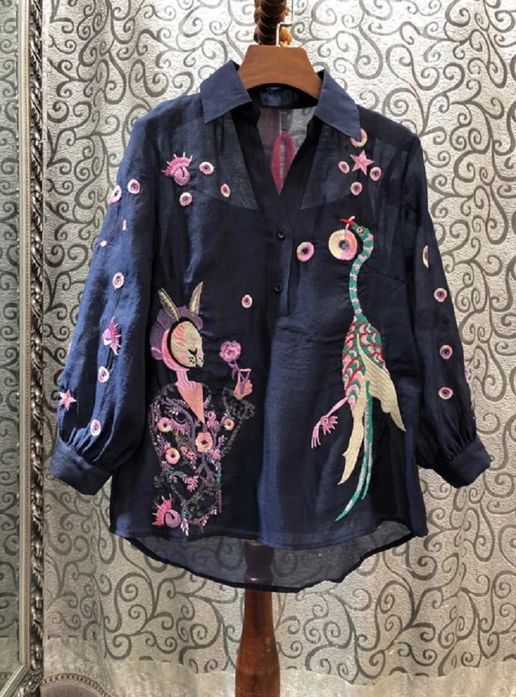 

High Quality Cotton Blouses 2020 Spring White Blue Shirts Ladies Turn-down Collar Exquisite Embroidery Casual 2 pc Tops Shirt