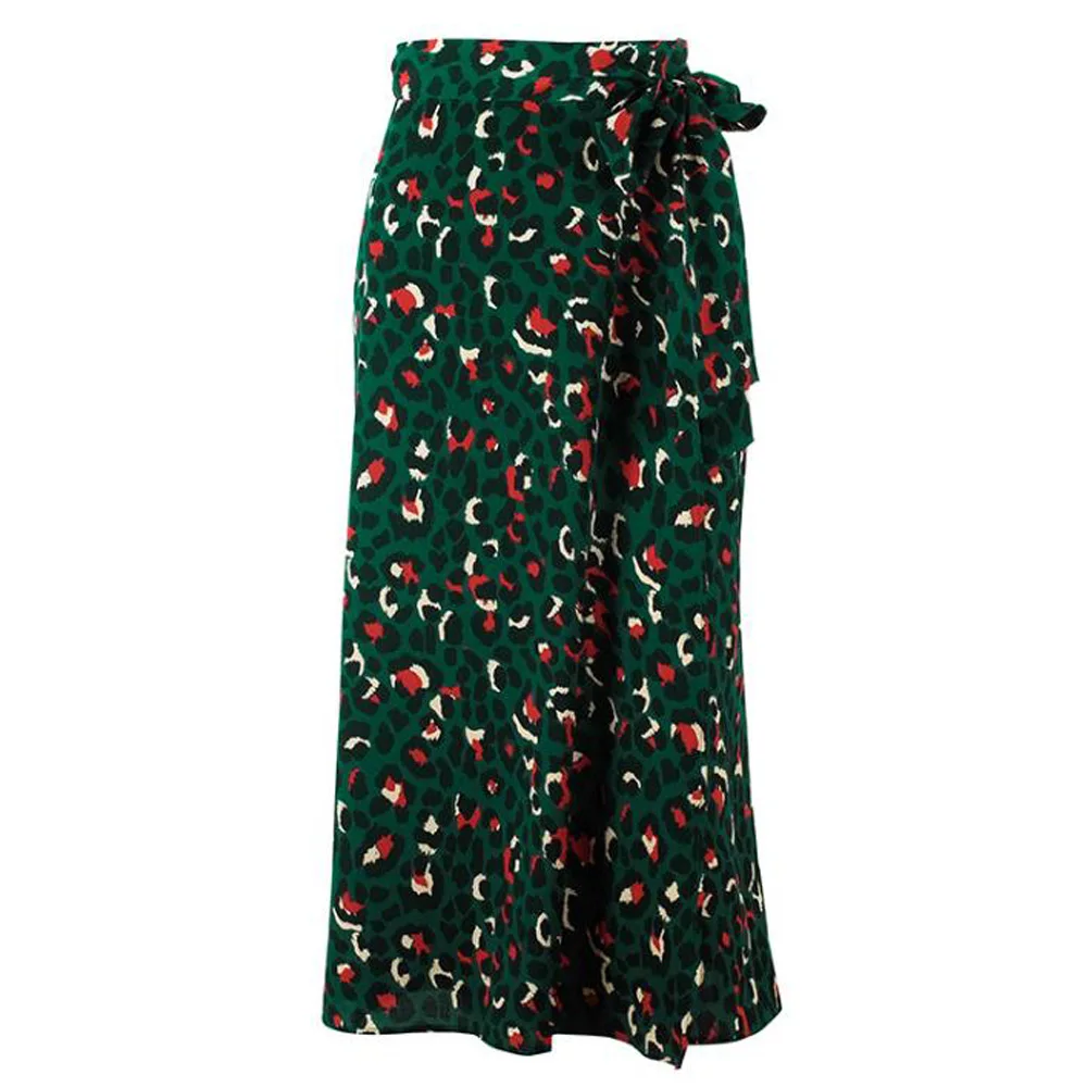 Юбка женская с леопардовым принтом элегантная зеленая шифоновая винтажная