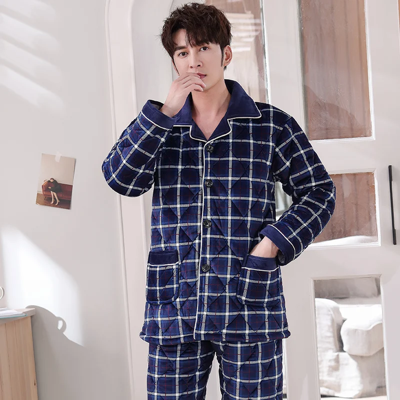 Winter Striped Men Clip Cotton Sleepwear Suit Thick Warm Pajamas Long Sleeve Turn-down Collar Cardigan Plus Size Male Nightwear